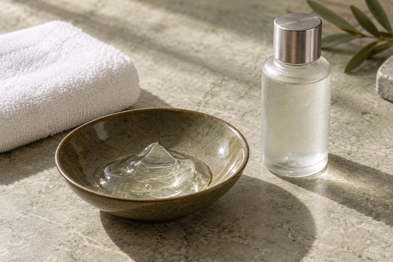 A simple arrangement of facial gel, glass, and soft cotton